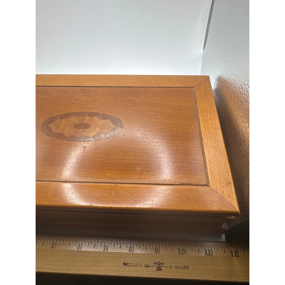 Vintage Wooden Jewelry Box Marquetry Inlay Fluted Base Red Velvet Lining 12in
